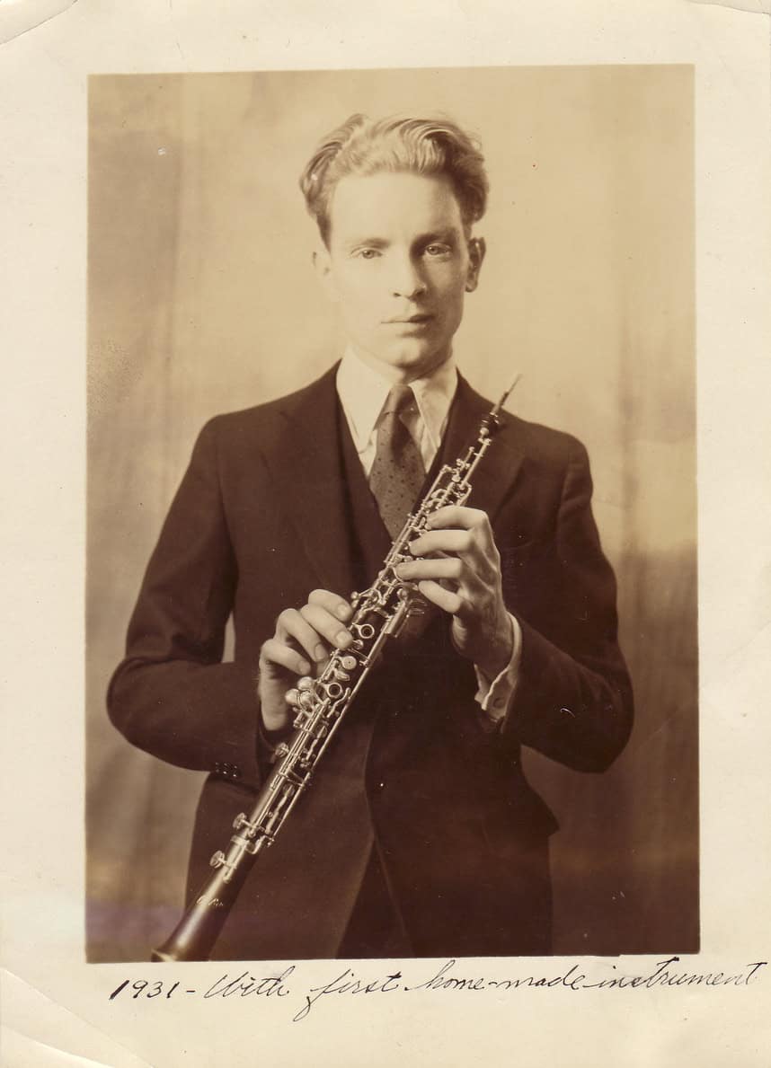 Old labeled photograph of Alfred Laubin with his first handmade instrument in 1931